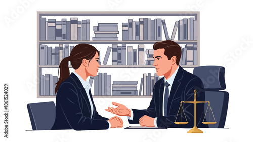 Modern vector illustration of legal advisor consulting client in office, professional legal service industry and business law advisory concept