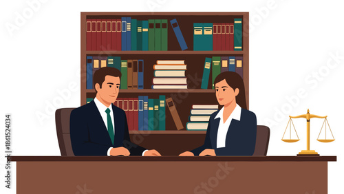 Modern vector illustration of legal advisor consulting client in office, professional legal service industry and business law advisory concept