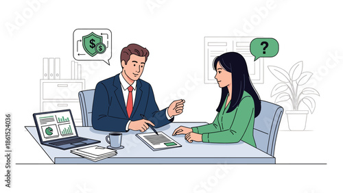 Modern vector illustration of insurance agent explaining policy to customer, insurance service industry, risk management, and financial protection concept