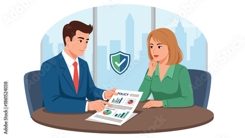 Modern vector illustration of insurance agent explaining policy to customer, insurance service industry, risk management, and financial protection concept
