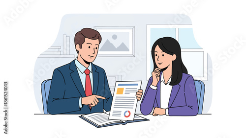 Modern vector illustration of insurance agent explaining policy to customer, insurance service industry, risk management, and financial protection concept