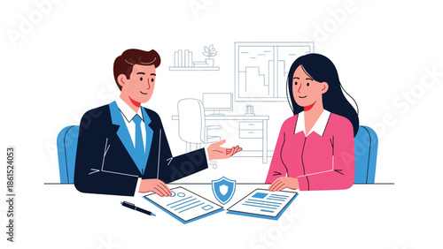 Modern vector illustration of insurance agent explaining policy to customer, insurance service industry, risk management, and financial protection concept
