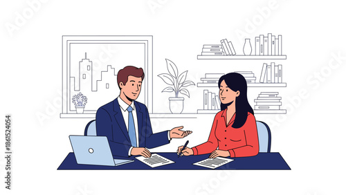 Modern vector illustration of insurance agent explaining policy to customer, insurance service industry, risk management, and financial protection concept
