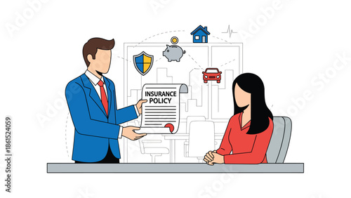 Modern vector illustration of insurance agent explaining policy to customer, insurance service industry, risk management, and financial protection concept