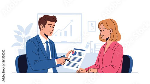 Modern vector illustration of insurance agent explaining policy to customer, insurance service industry, risk management, and financial protection concept