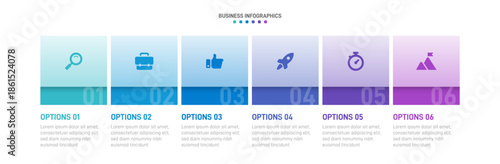 Progress bar featuring 6 arrow-shaped elements, symbolizing the six stages of business strategy and progression. Clean timeline infographic design template. Vector for mobile presentation.