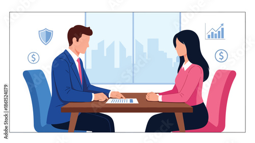 Modern vector illustration of insurance agent explaining policy to customer, insurance service industry, risk management, and financial protection concept