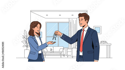 Modern vector illustration of real estate agent presenting house keys to client, property service industry and home buying assistance concept
