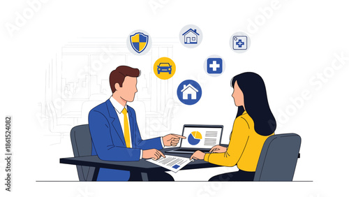 Modern vector illustration of insurance agent explaining policy to customer, insurance service industry, risk management, and financial protection concept