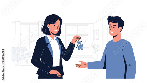 Modern vector illustration of real estate agent presenting house keys to client, property service industry and home buying assistance concept