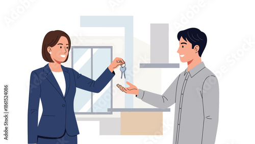 Modern vector illustration of real estate agent presenting house keys to client, property service industry and home buying assistance concept