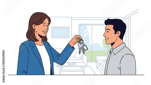 Modern vector illustration of real estate agent presenting house keys to client, property service industry and home buying assistance concept