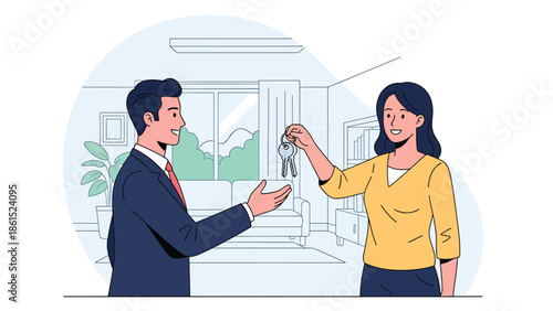 Modern vector illustration of real estate agent presenting house keys to client, property service industry and home buying assistance concept