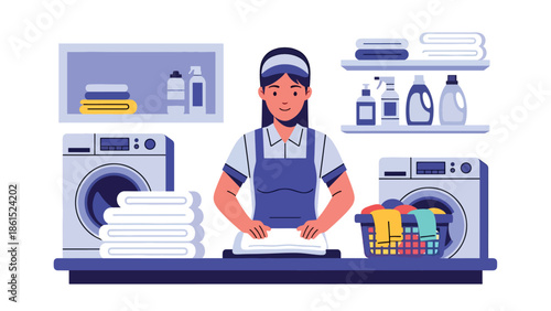 Modern vector illustration of laundry service worker folding clean clothes in shop, household service industry and professional garment care concept