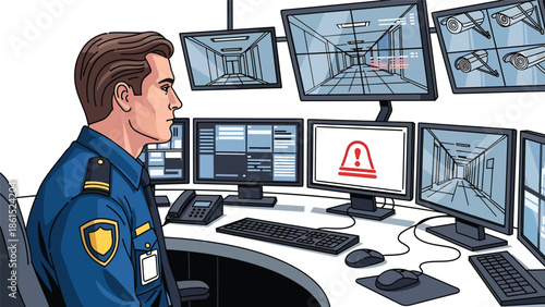 Modern vector illustration of security guard monitoring CCTV screens in control room, security service industry and surveillance protection concept