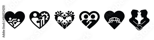 Set of workforce engagement heart vector icons isolated on white background. Vector illustration. Black flat design