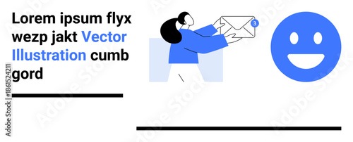 Email marketing, online messaging, digital notifications, communication, customer engagement, user interaction. Woman holding envelope with notification. Email marketing and online messaging concept