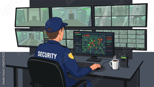 Modern vector illustration of security guard monitoring CCTV screens in control room, security service industry and surveillance protection concept