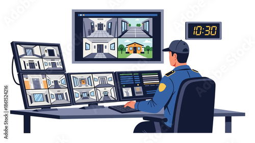 Modern vector illustration of security guard monitoring CCTV screens in control room, security service industry and surveillance protection concept