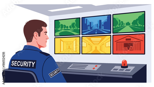 Modern vector illustration of security guard monitoring CCTV screens in control room, security service industry and surveillance protection concept