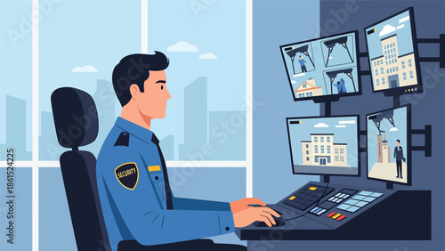 Modern vector illustration of security guard monitoring CCTV screens in control room, security service industry and surveillance protection concept