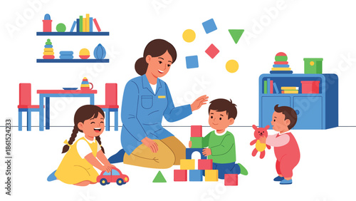 Modern vector illustration of childcare worker playing with kids in daycare room, childcare service industry and early education support concept