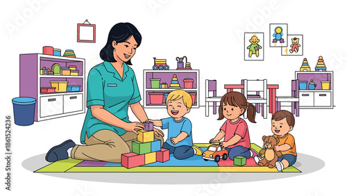 Modern vector illustration of childcare worker playing with kids in daycare room, childcare service industry and early education support concept