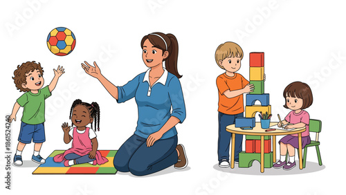 Modern vector illustration of childcare worker playing with kids in daycare room, childcare service industry and early education support concept