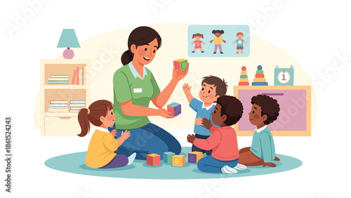 Modern vector illustration of childcare worker playing with kids in daycare room, childcare service industry and early education support concept