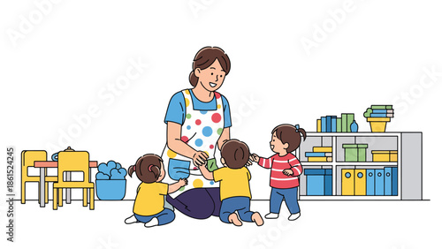 Modern vector illustration of childcare worker playing with kids in daycare room, childcare service industry and early education support concept