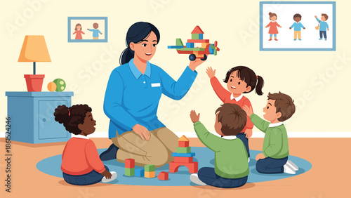 Modern vector illustration of childcare worker playing with kids in daycare room, childcare service industry and early education support concept