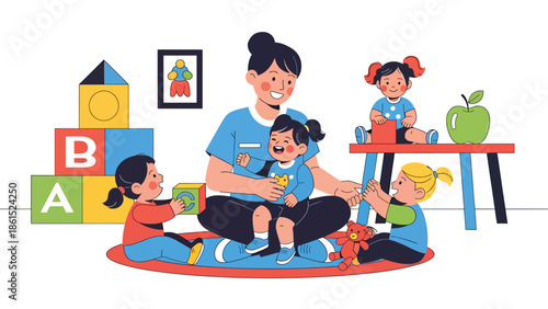 Modern vector illustration of childcare worker playing with kids in daycare room, childcare service industry and early education support concept