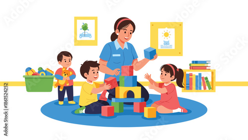 Modern vector illustration of childcare worker playing with kids in daycare room, childcare service industry and early education support concept