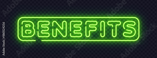 Green neon benefits sign with rounded frame, created for HR visuals and advantage highlights. Fresh glow signals value and growth.