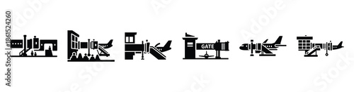 Set of airport terminal gate vector icons isolated on white background. Vector illustration. Black flat design