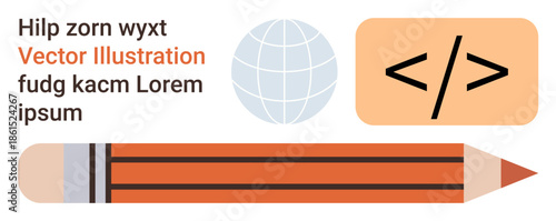 Education, programming, web development, global communication, design tools, learning. Elements include pencil, globe and coding symbol. Education and programming concept for learning platforms