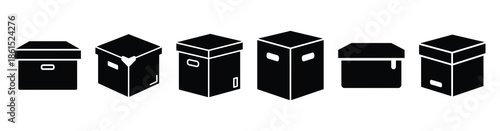 Set of archive storage box vector icons isolated on white background. Vector illustration. Black flat design
