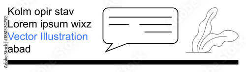 Communication, dialogue, messaging, minimal aesthetics, branding, graphic elements. Black outlined speech bubble, decorative leaves and horizontal line. Communication and dialogue ion concept