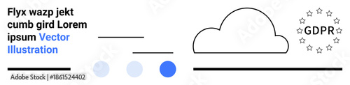 Cloud icon alongside GDPR label surrounded by stars, lines, and dots in minimalist style. Ideal for data security, privacy policy, technology, compliance, cloud computing, regulations simple landing