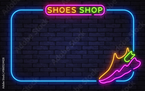 Bright neon vector frame with sneaker element and shoes shop sign. Designed for store windows, promotions, and fashion announcements.