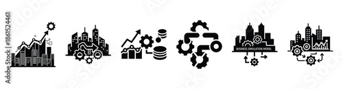 Set of business simulation model vector icons isolated on white background. Vector illustration. Black flat design