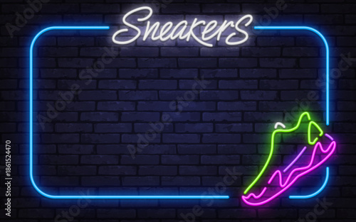 Glowing neon vector frame with running shoe illustration. Perfect for streetwear stores, product displays, and trendy retail layouts.