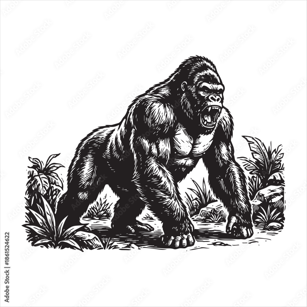Fototapeta premium Striking gorilla form captured in a grayscale silhouette design powerful and majestic silhouette