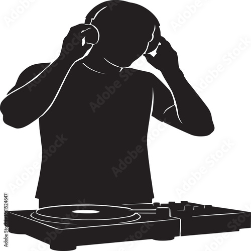 Silhouette of a DJ standing behind turntables with hands on headphones, symbolizing music mixing, entertainment, and DJ culture in a bold black and white design.