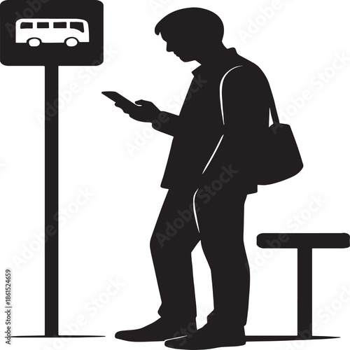 Silhouette of a person standing at a bus stop, looking at a mobile phone, with a bench and bus signpost nearby—symbolizing urban commuting, public transportation, and digital engagement in a minimalis