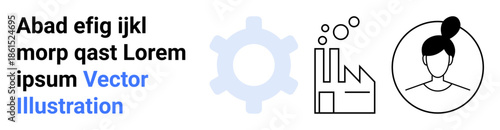 Manufacturing, engineering, automation, identity, creativity, infographic. Gear, factory female head silhouette and bold text on a white background. Manufacturing and engineering concept