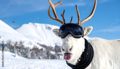 Realistic white moose wearing black snowboard goggles in front of snowy mountain peaks at an exclusive ski resort. Winter scene with après-ski and jetset vibes, perfect for luxury party invitations, 1