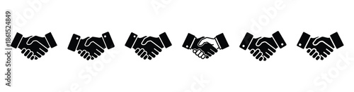 Set of conflict resolution handshake vector icons isolated on white background. Vector illustration. Black flat design