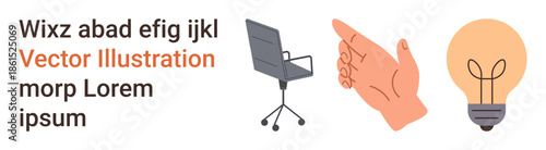 Office concepts, creativity, workspace elements, innovation, idea generation, minimalism. are an office chair, a hand gesture and a lightbulb. Office concepts and creativity