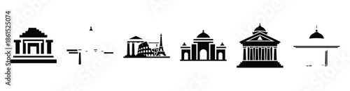 Set of cultural heritage monument vector icons isolated on white background. Vector illustration. Black flat design